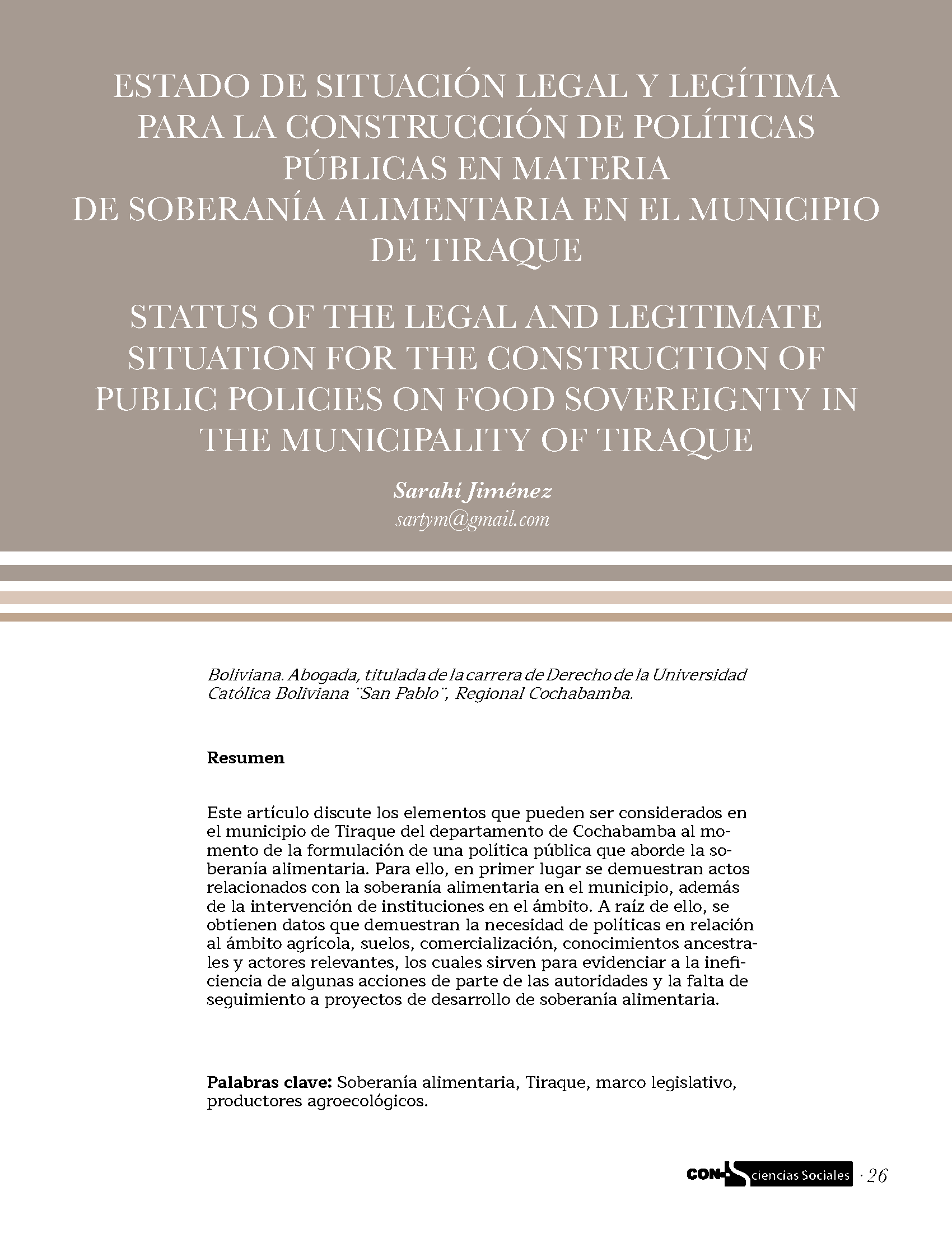 Estado de situación legal y legítima para la construcción de políticas públicas en materia de soberanía alimentaria en el municipio de Tiraque
