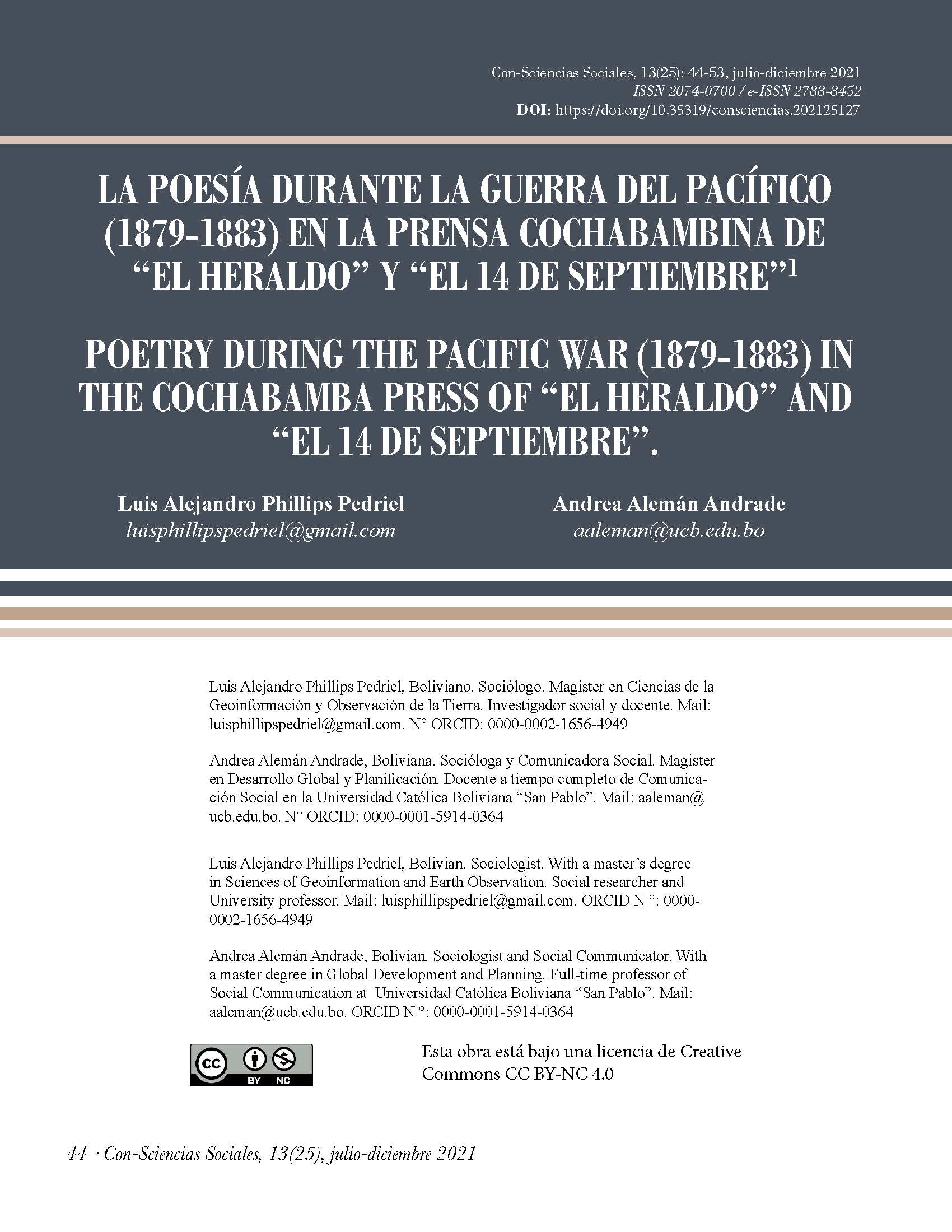 La poesía durante la Guerra del Pacífico (1879-1883) en la prensa cochabambina de “El Heraldo” y “El 14 de Septiembre”