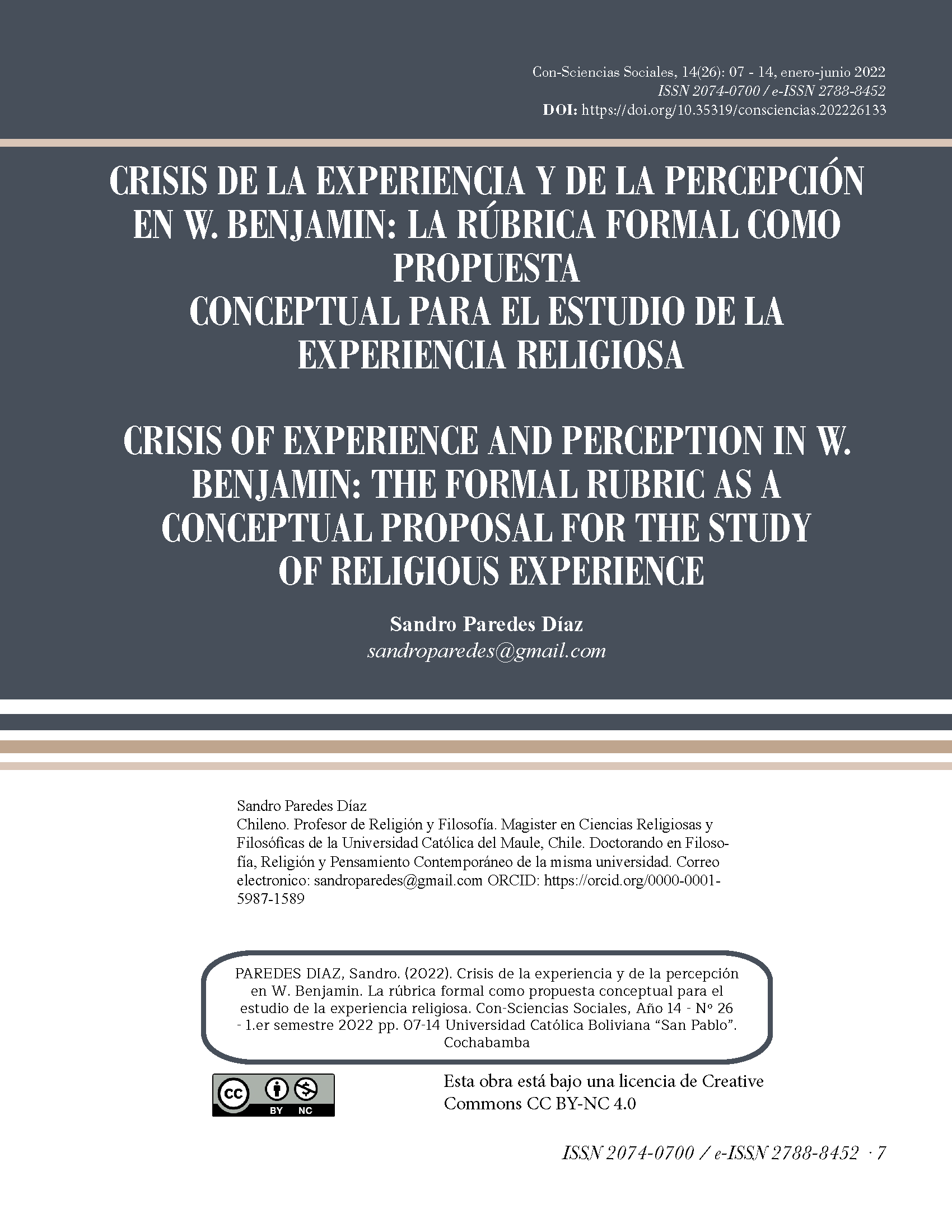 Crisis de la experiencia y de la percepción en W. Benjamin: la rúbrica formal como propuesta conceptual para el estudio de la experiencia religiosa 
