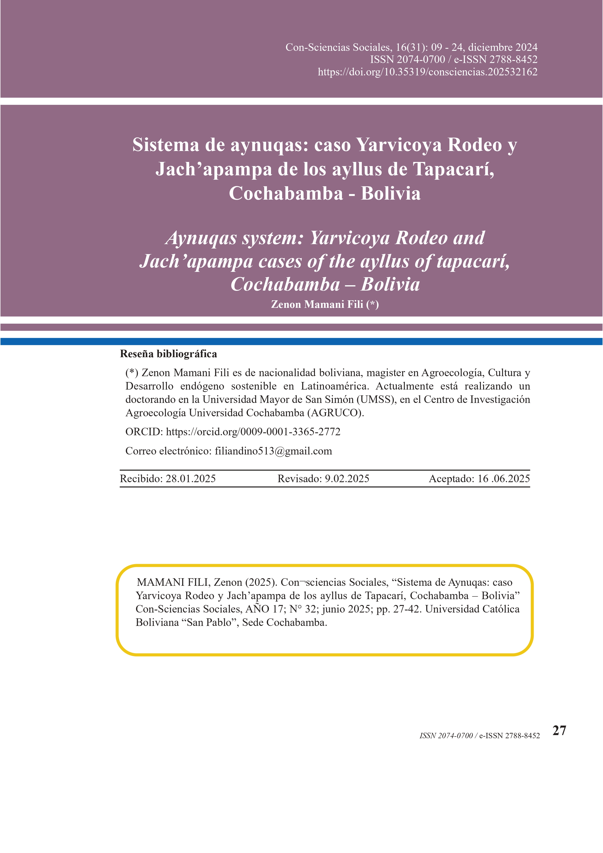 Aynuqas System: Yarvicoya rodeo and Jach’apampa cases of the Ayllus of Tapacarí