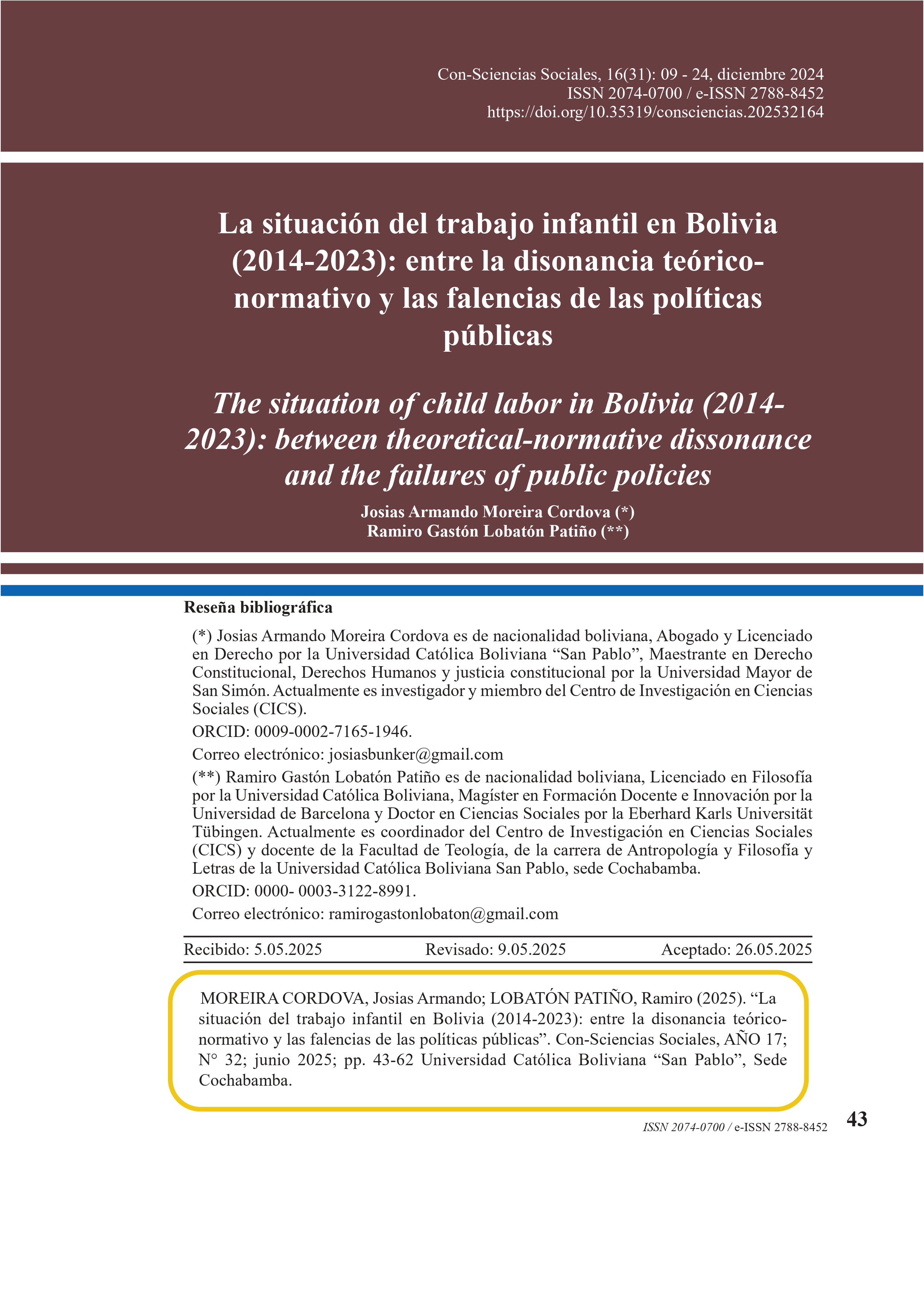 The situation of child labor in Bolivia (2014-2023)