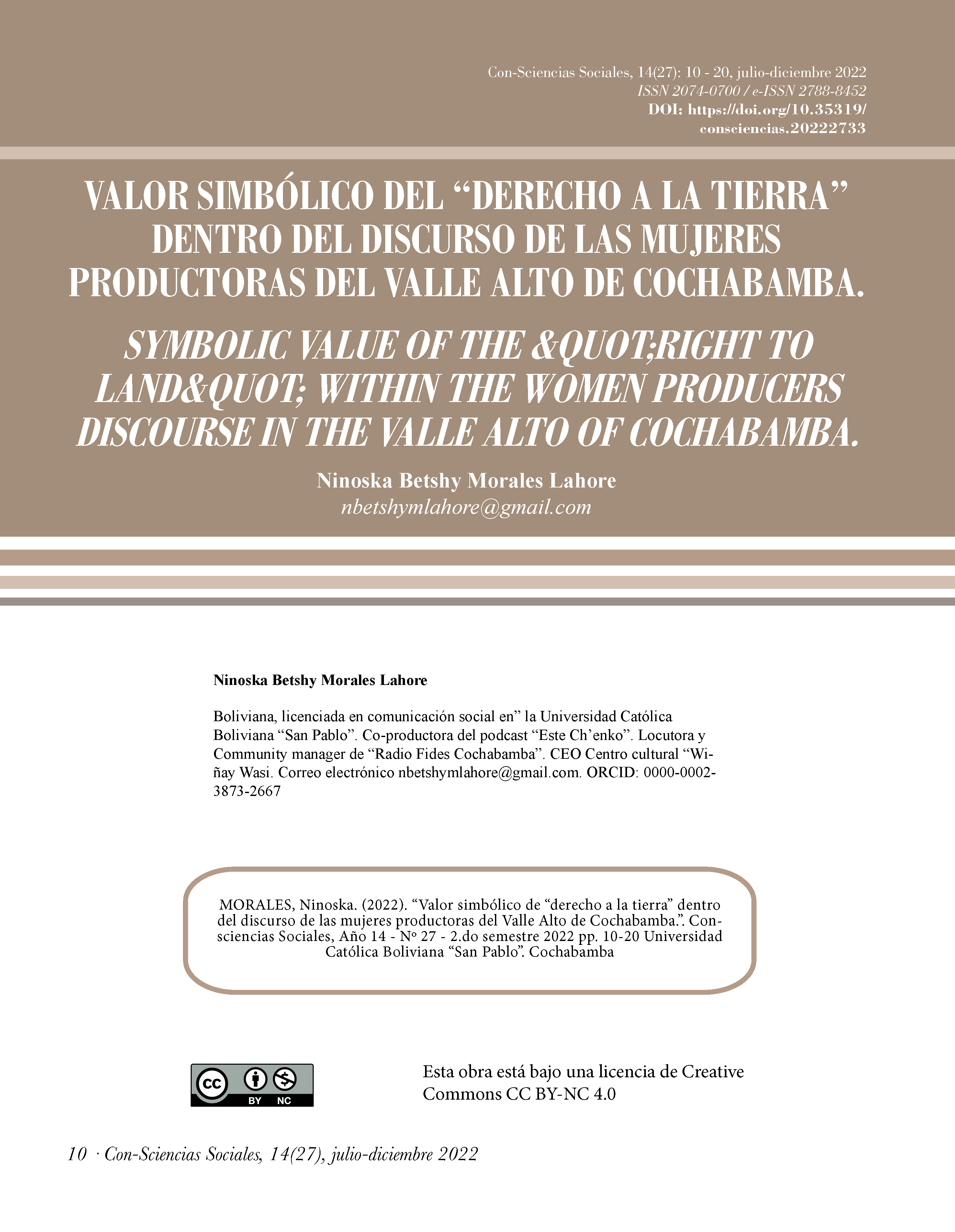 Valor simbólico del “derecho a la tierra” dentro del discurso de las mujeres productoras del Valle Alto de Cochabamba